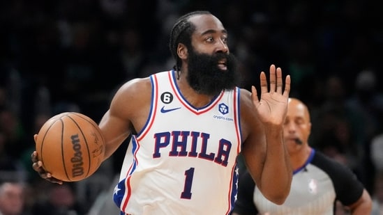 Philadelphia 76ers guard James Harden (1) calls to teammates during the first half of Game 5 against the Boston Celtics in the NBA basketball Eastern Conference semifinals playoff series 2023(AP)